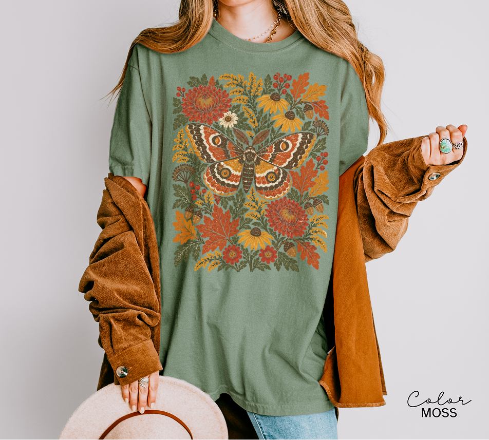 Moth Floral Fall T-Shirt, Vintage Wildflower Shirt
