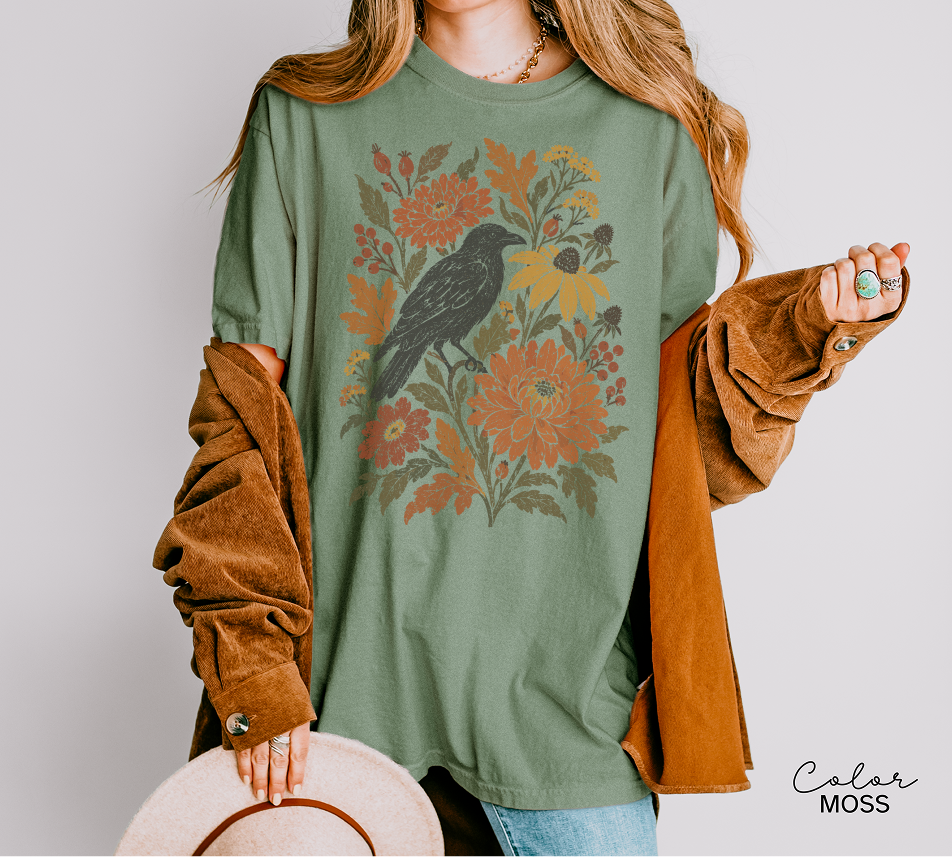Crow Fall T-Shirt, Fall Floral Shirt, Autumn Botanical Tee