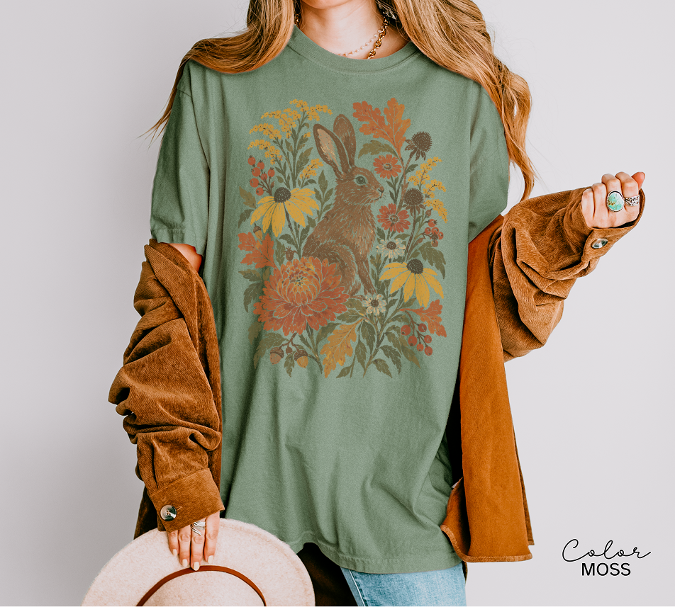Vintage Rabbit Floral Shirt, Flower Fall Tee