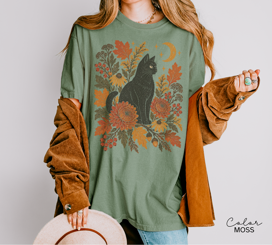 Black Cat Fall Shirt, Autumn Floral Graphic Tee