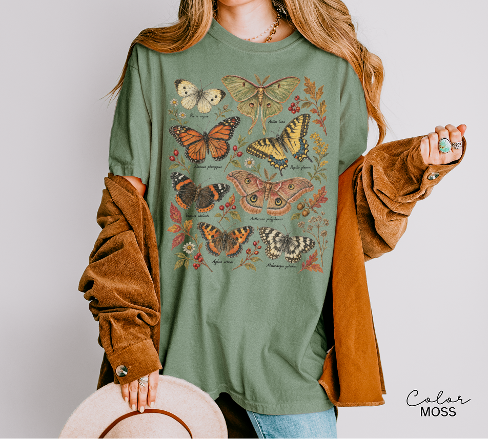 Vintage Botanical Butterfly T-Shirt, Autumn Floral Nature Tee
