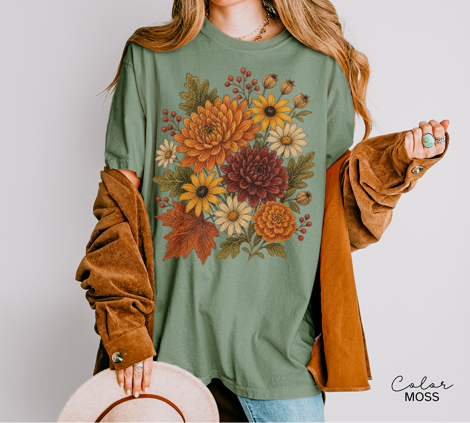 Fall Floral Shirt, Botanical Graphic Tee, Vintage Autumn Flower T-Shirt