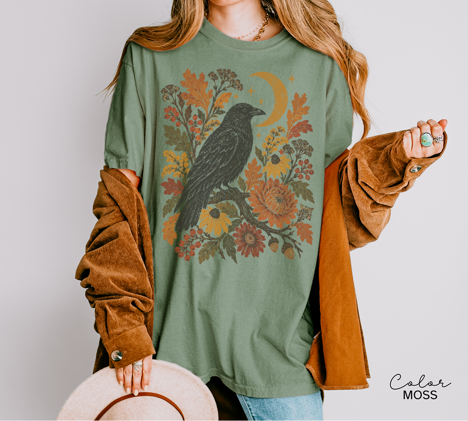 Crow T-Shirt, Autumn Floral Graphic Tee