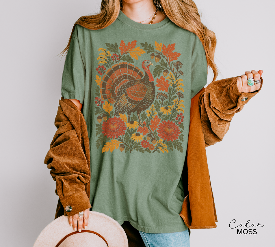 Thanksgiving Turkey T-Shirt, Fall Leaves and Flowers