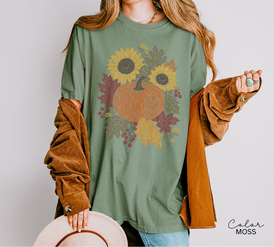 Fall Pumpkin Floral T-Shirt, Comfort Colors Tee, Botanical Autumn Shirt, Boho Cottagecore Tee
