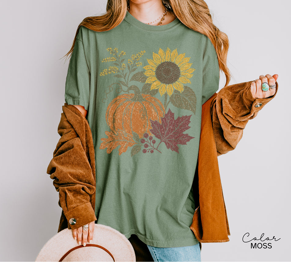 Boho Fall Floral Comfort Colors Shirt, Fall Floral Tshirt, Fall Pumpkin