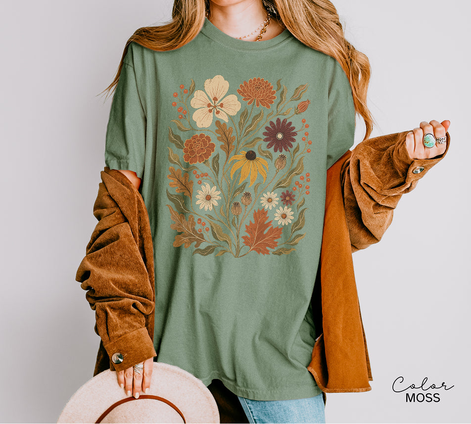 Fall Floral T-Shirt, Vintage Botanical Graphic Tee, Rustic Wildflower Shirt, Autumn Tee