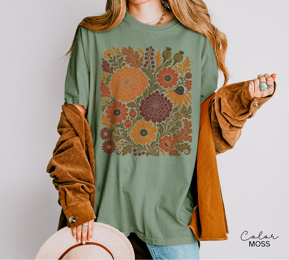 Fall Floral T-Shirt, Comfort Colors Tee, Botanical Art Shirt, Boho Cottagecore Shirt