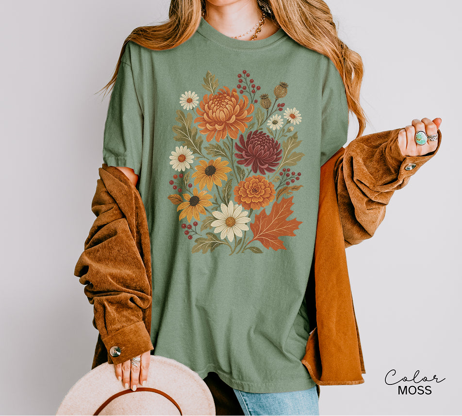 Fall Floral T-Shirt, Vintage Botanical Tee, Boho Fall Flowers