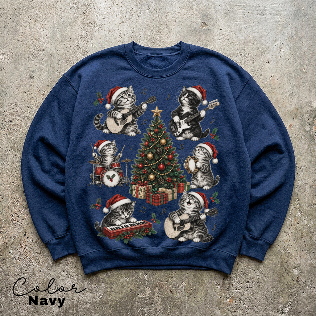 Christmas Cat Sweatshirt, Holiday Cat Crewneck, Cute Cat Music Sweater