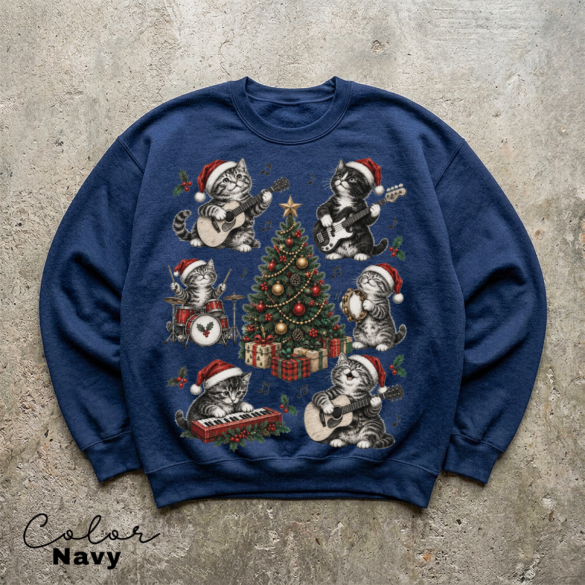 Christmas Cat Sweatshirt, Holiday Cat Crewneck, Cute Cat Music Sweater