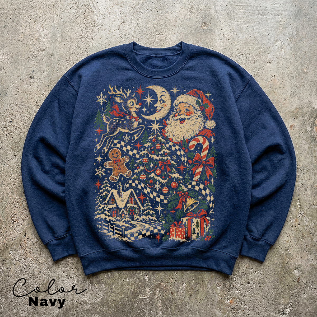 Retro Christmas Sweatshirt, Vintage Holiday Crewneck, Festive Santa and Reindeer Design