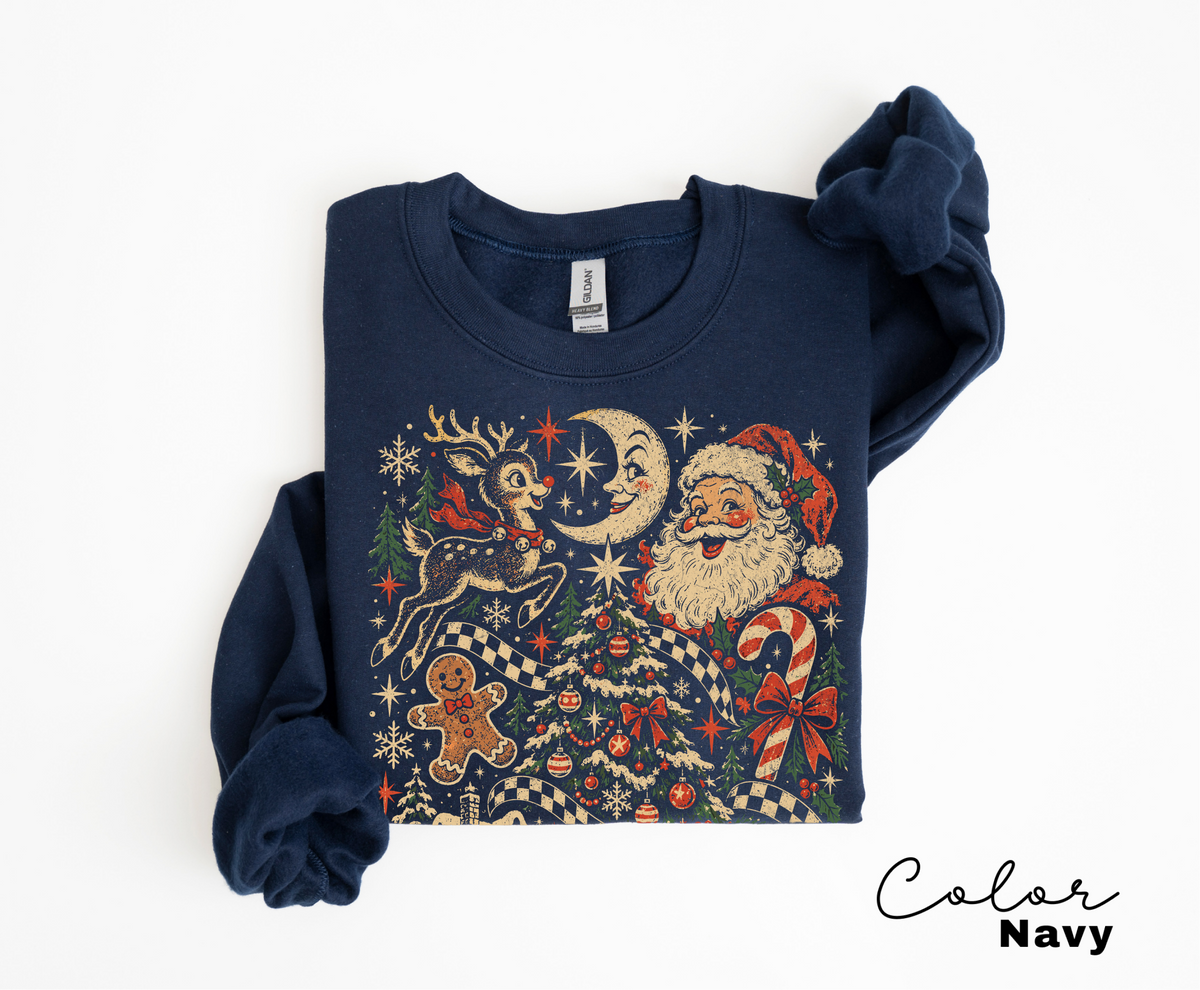 Retro Christmas Sweatshirt, Vintage Holiday Crewneck, Festive Santa and Reindeer Design