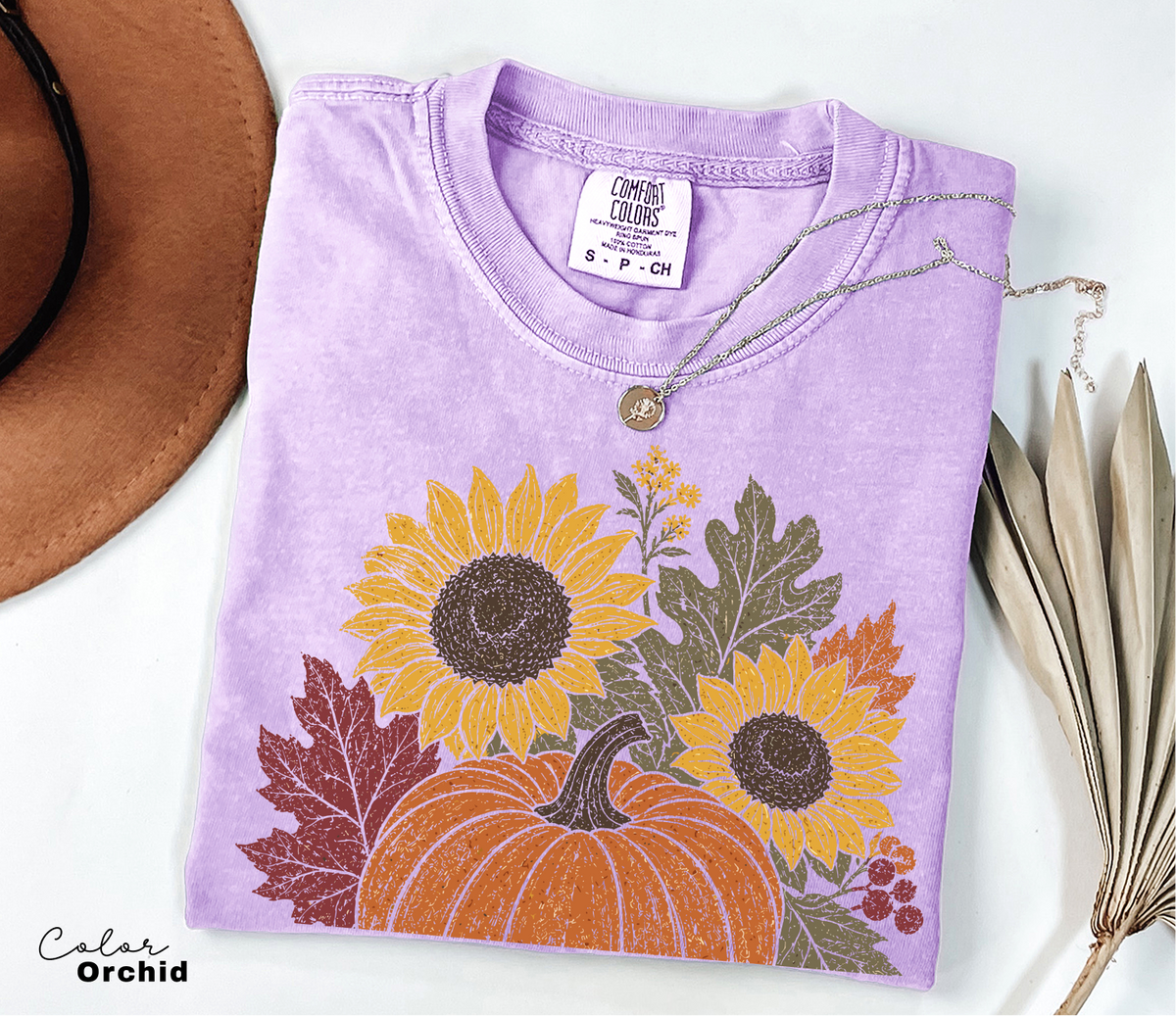 Fall Pumpkin Floral T-Shirt, Comfort Colors Tee, Botanical Autumn Shirt, Boho Cottagecore Tee