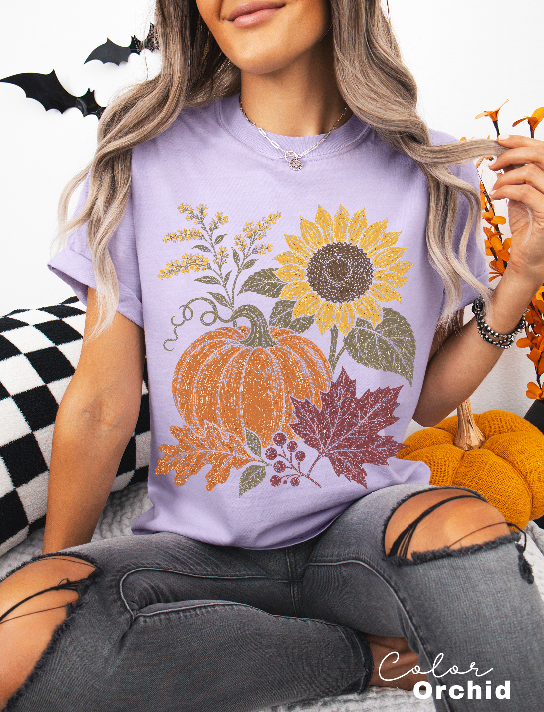 Boho Fall Floral Comfort Colors Shirt, Fall Floral Tshirt, Fall Pumpkin