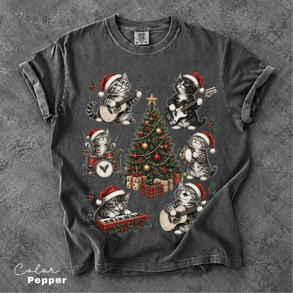 Christmas Cat Music Shirt, Cat Rock Shirt, Christmas Tree Shirt