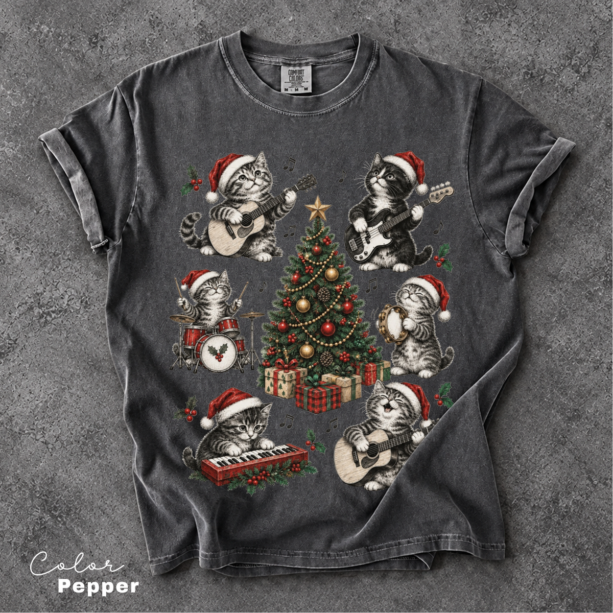 Christmas Cat Music Shirt, Cat Rock Shirt, Christmas Tree Shirt