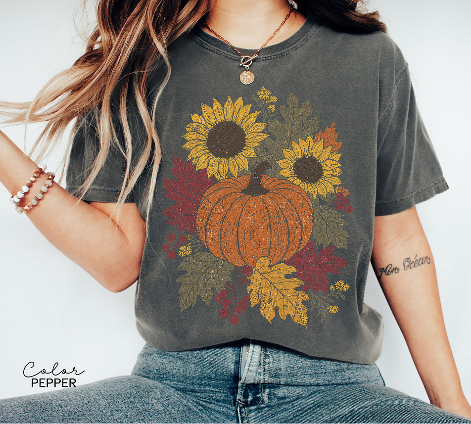 Fall Pumpkin Floral T-Shirt, Comfort Colors Tee, Botanical Autumn Shirt, Boho Cottagecore Tee