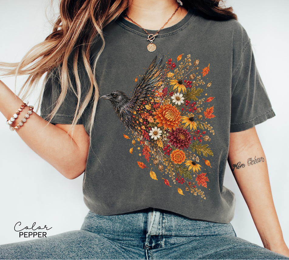 Crow Floral T-Shirt, Fall Flowers and Leaves Nature Shirt