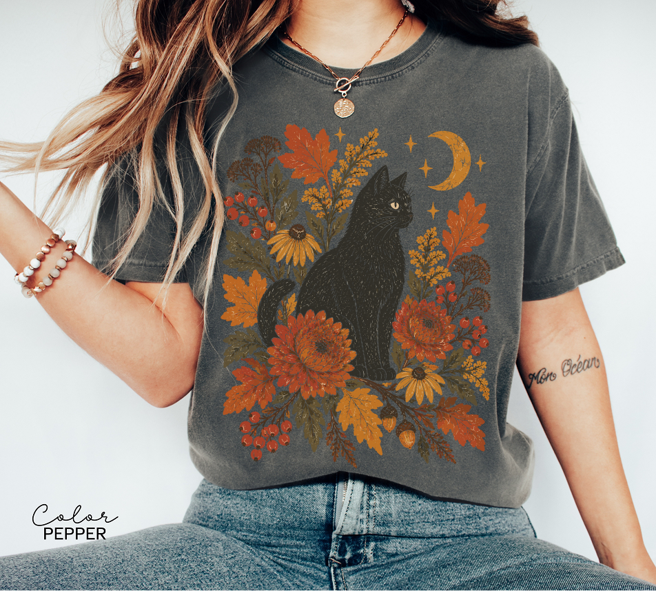 Black Cat Fall Shirt, Autumn Floral Graphic Tee
