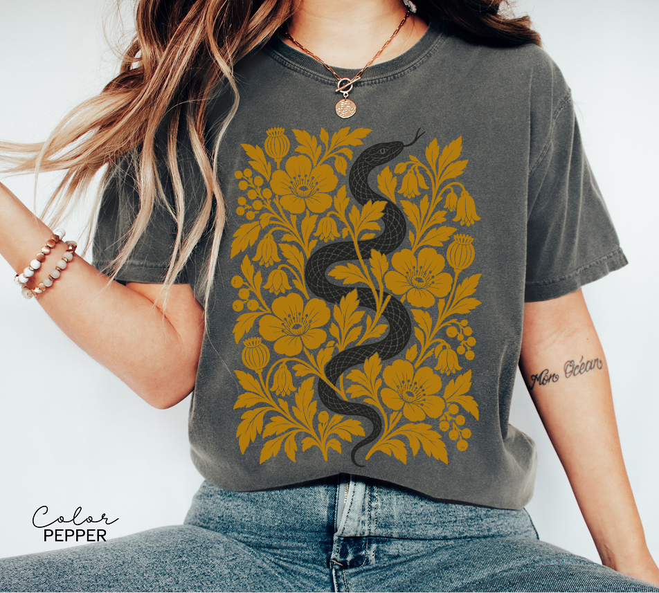 Retro Snake Floral T-Shirt, Botanical Vintage Tee, Comfort Colors Tee, Boho Cottagecore