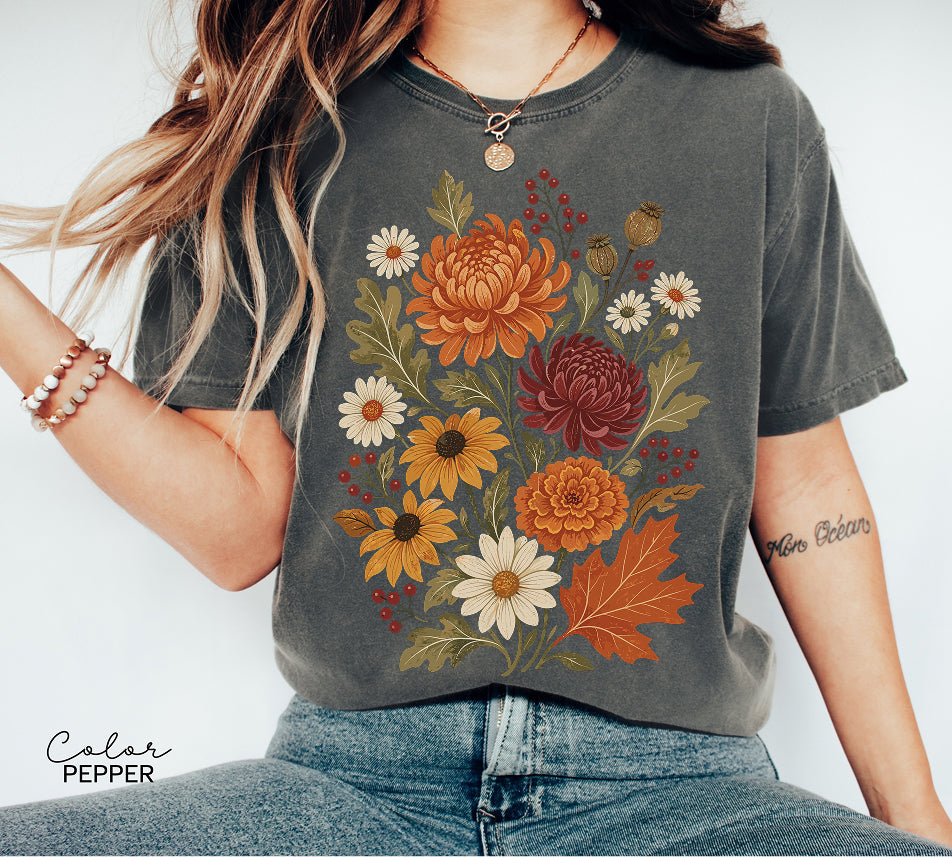 Fall Floral T-Shirt, Vintage Botanical Tee, Boho Fall Flowers