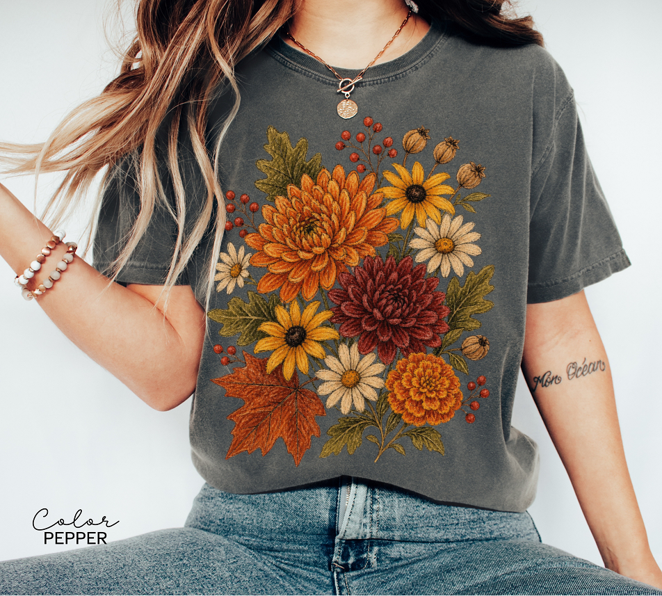 Fall Floral Shirt, Botanical Graphic Tee, Vintage Autumn Flower T-Shirt