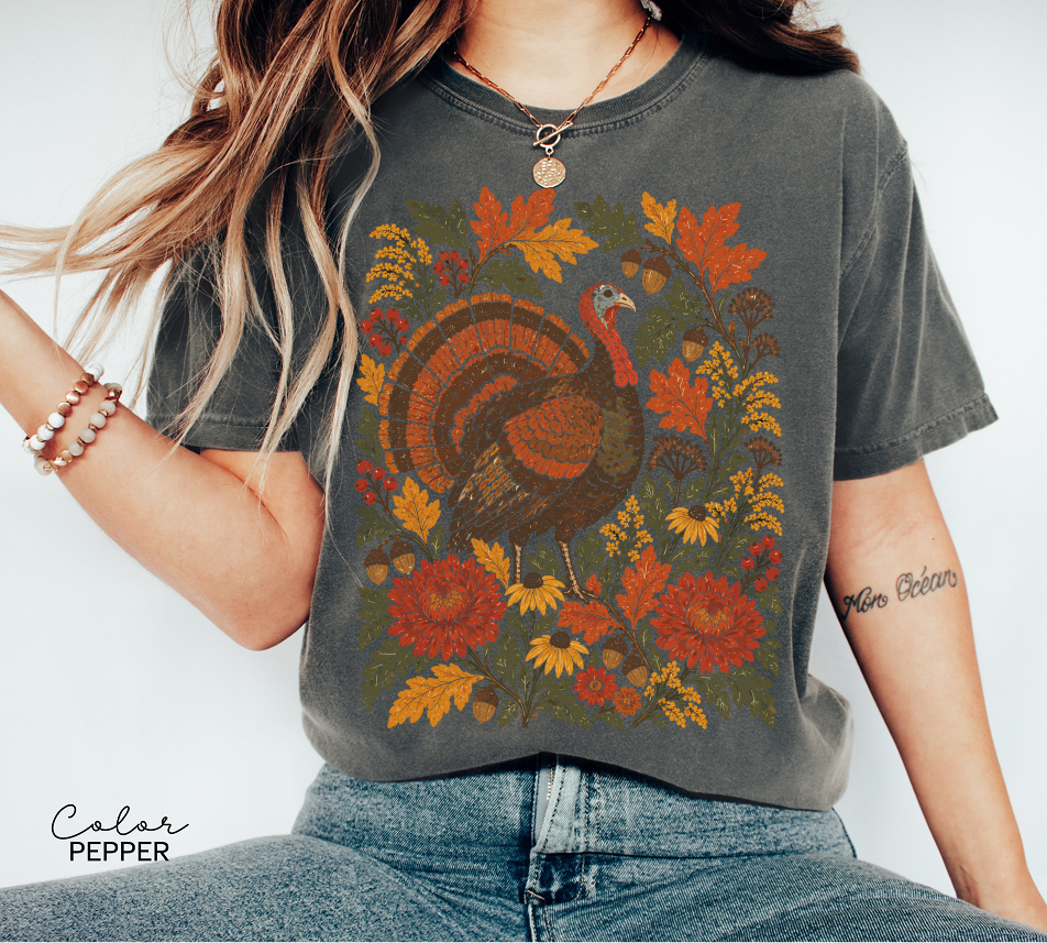 Thanksgiving Turkey T-Shirt, Fall Leaves and Flowers