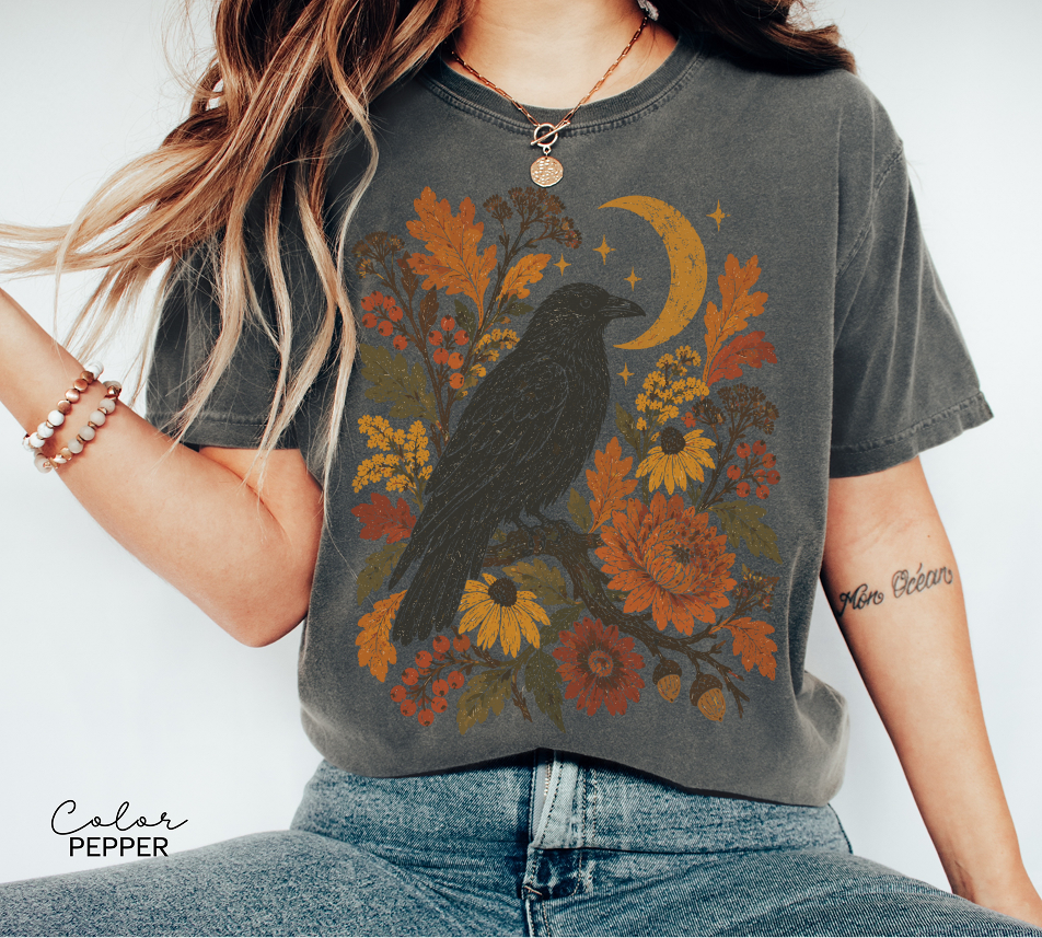Crow T-Shirt, Autumn Floral Graphic Tee