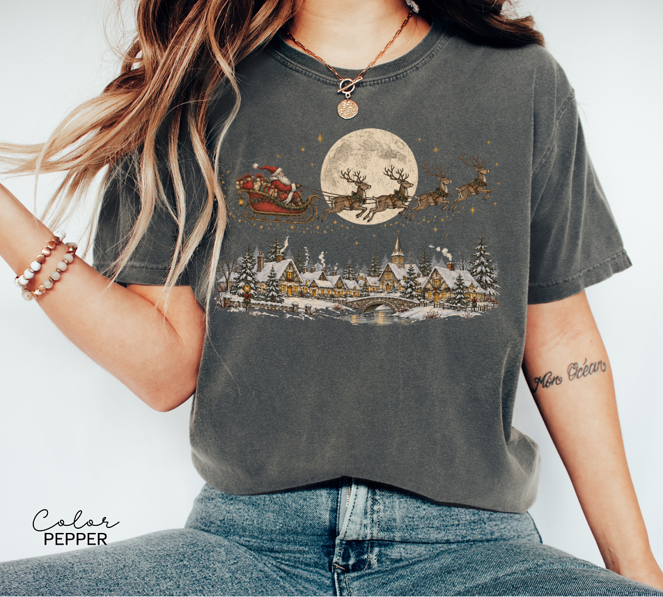 Vintage Christmas Shirt, Santa and Reindeer Tee, Comfort Colors Tee