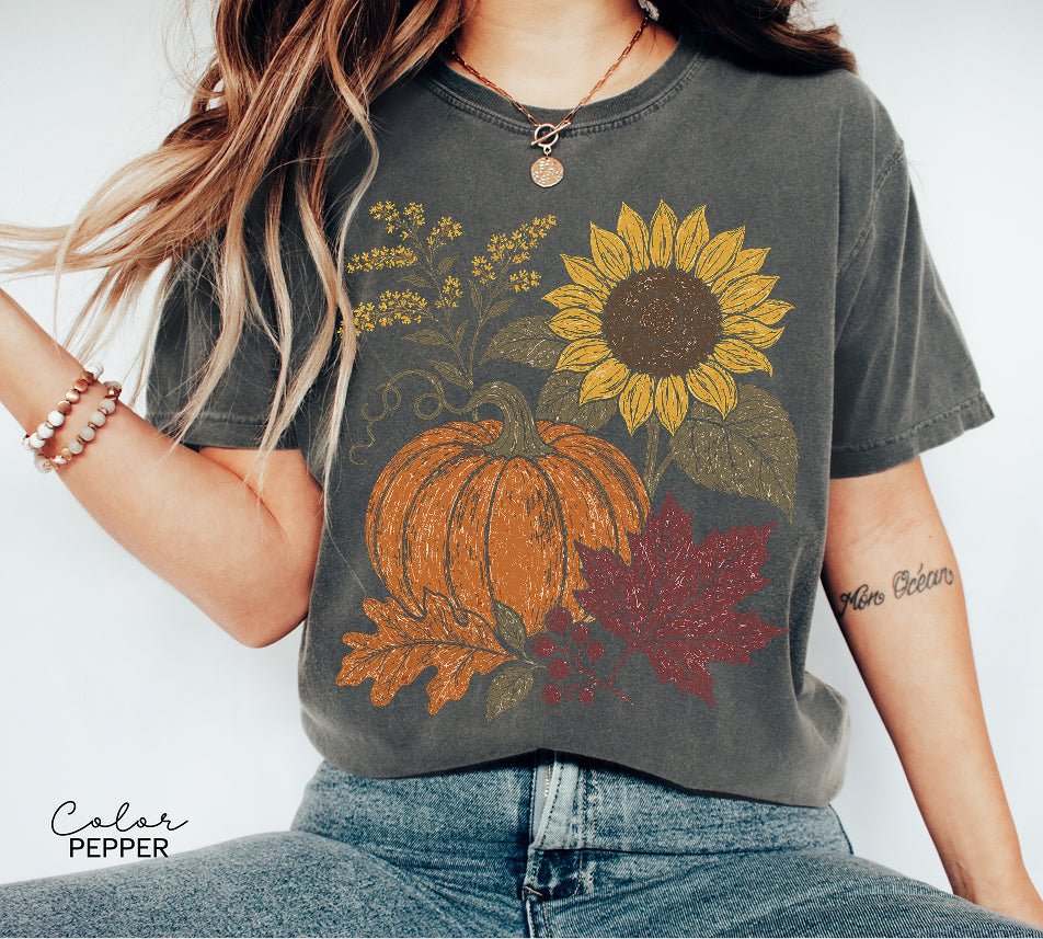 Boho Fall Floral Comfort Colors Shirt, Fall Floral Tshirt, Fall Pumpkin