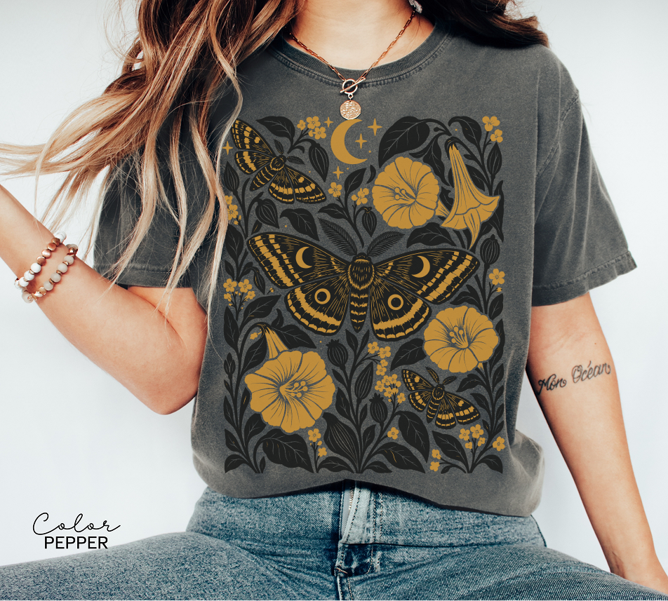 Vintage Moth Shirt, Retro Botanical Flower Tee, Cottagecore Nature, Comfort Colors Tee