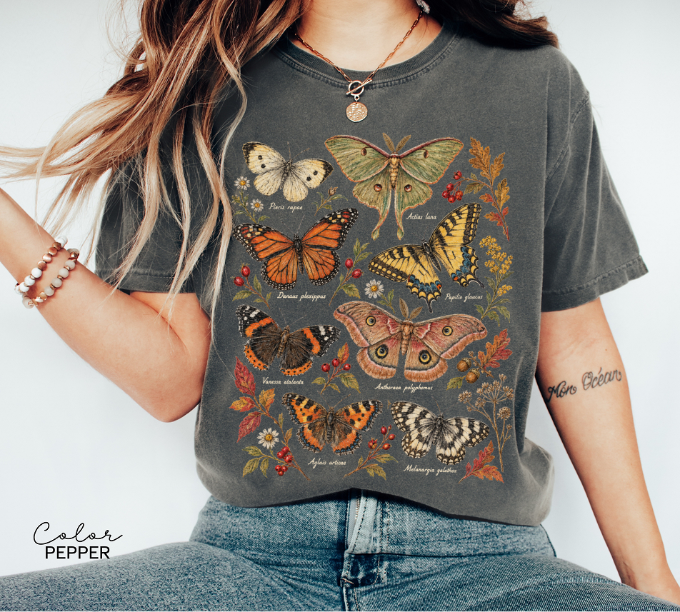 Vintage Botanical Butterfly T-Shirt, Autumn Floral Nature Tee
