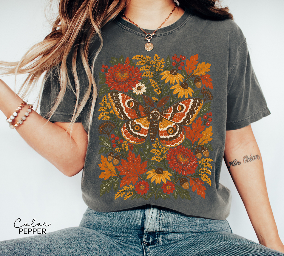 Moth Floral Fall T-Shirt, Vintage Wildflower Shirt