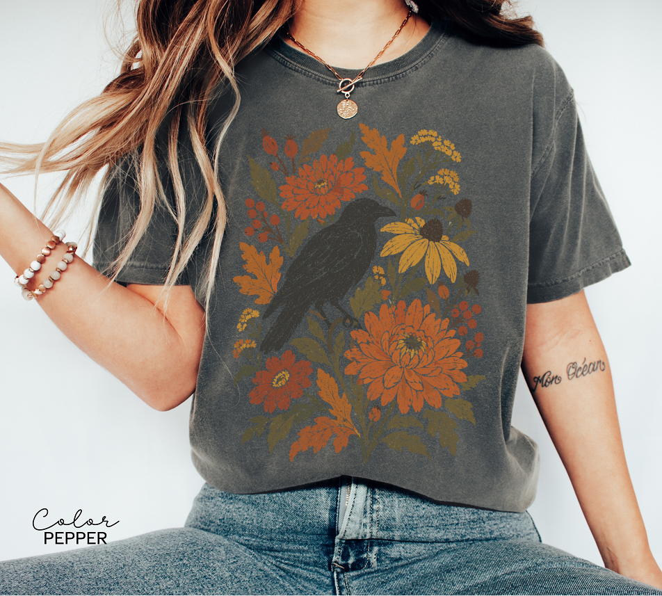 Crow Fall T-Shirt, Fall Floral Shirt, Autumn Botanical Tee