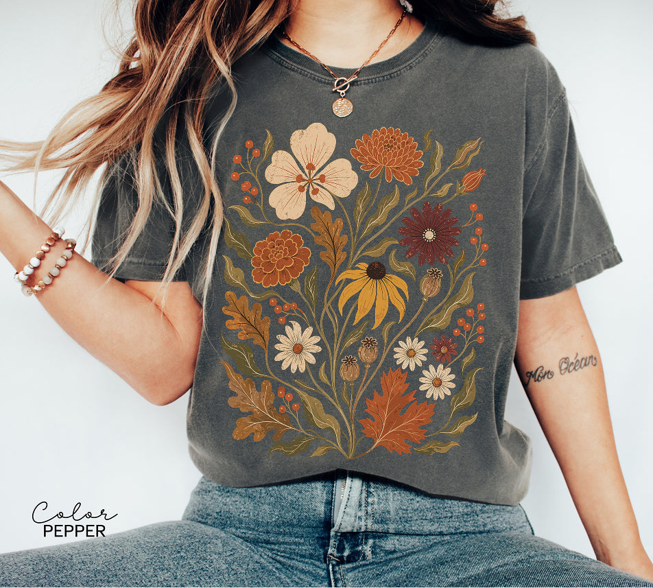 Fall Floral T-Shirt, Vintage Botanical Graphic Tee, Rustic Wildflower Shirt, Autumn Tee