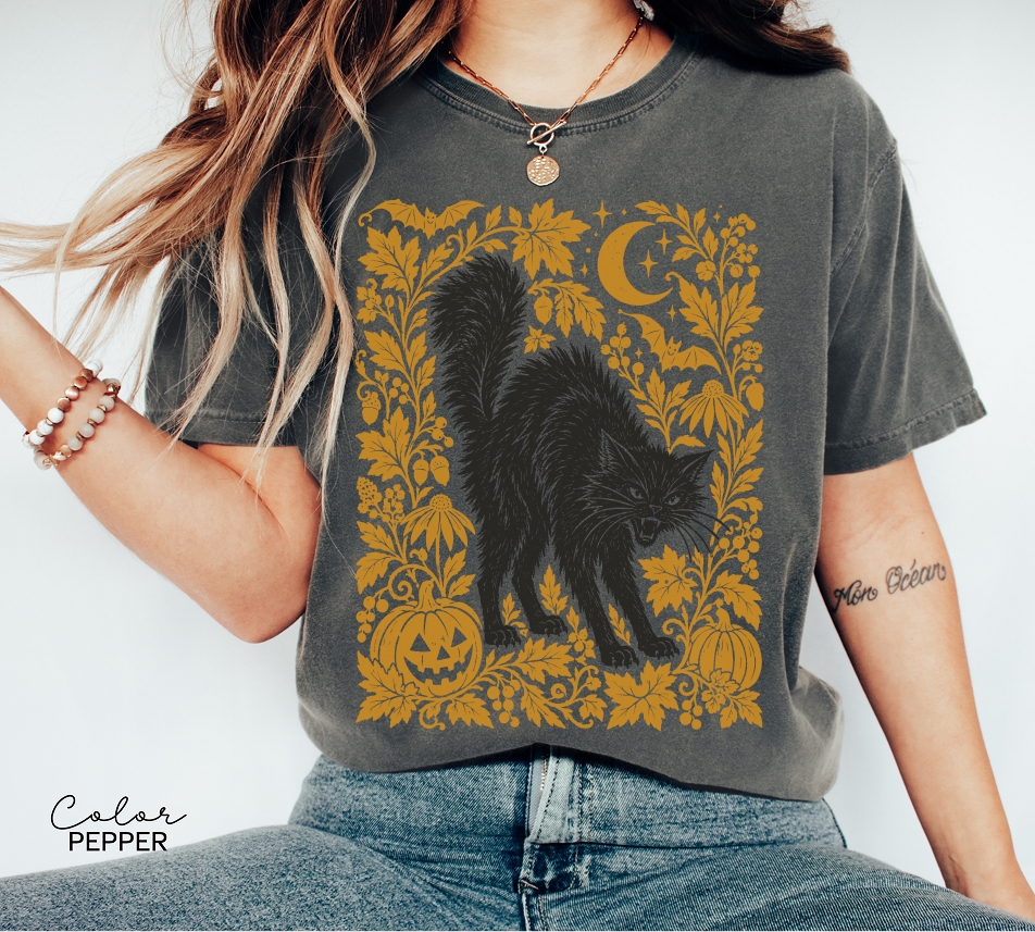 Black Cat Halloween Shirt, Witchy Graphic Tee, Fall Pumpkin T-Shirt, Vintage Spooky Season