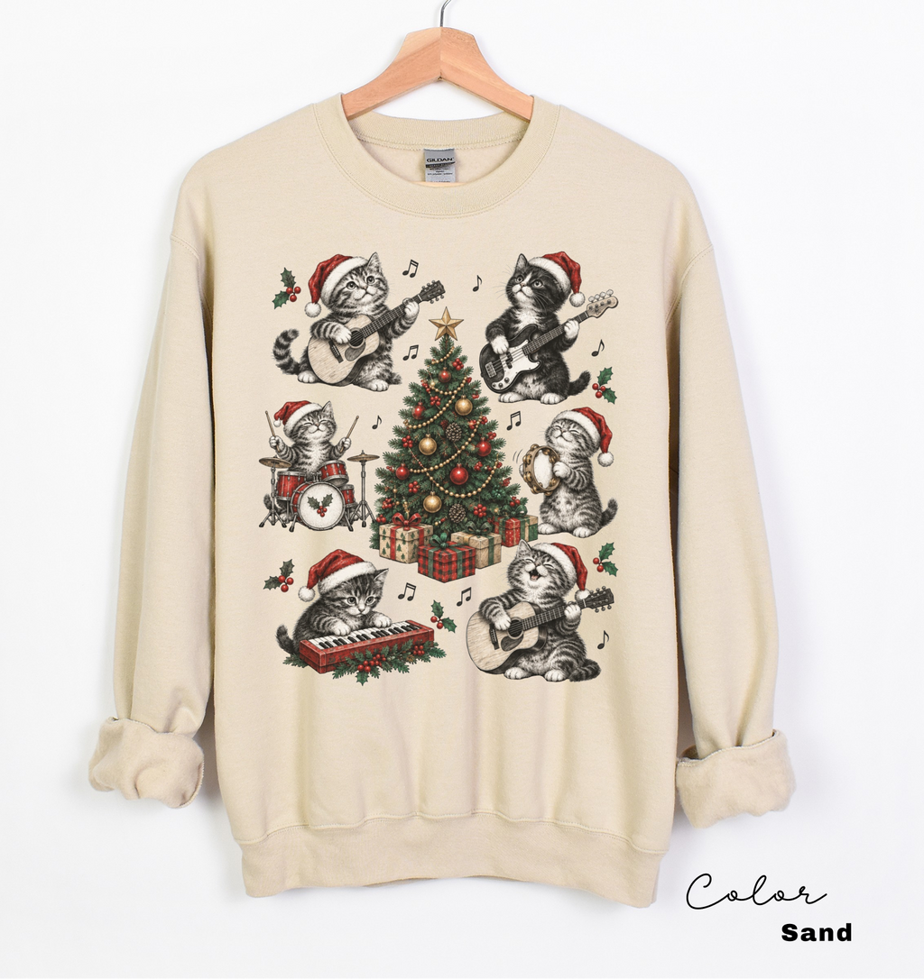 Christmas Cat Sweatshirt, Holiday Cat Crewneck, Cute Cat Music Sweater