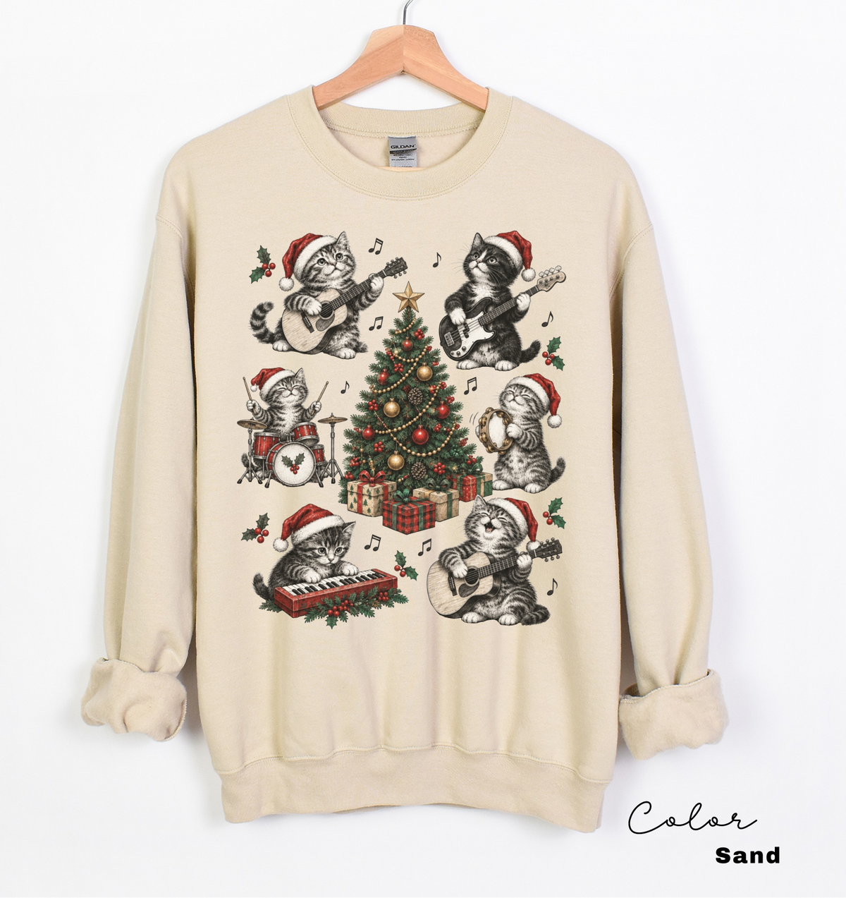 Christmas Cat Sweatshirt, Holiday Cat Crewneck, Cute Cat Music Sweater