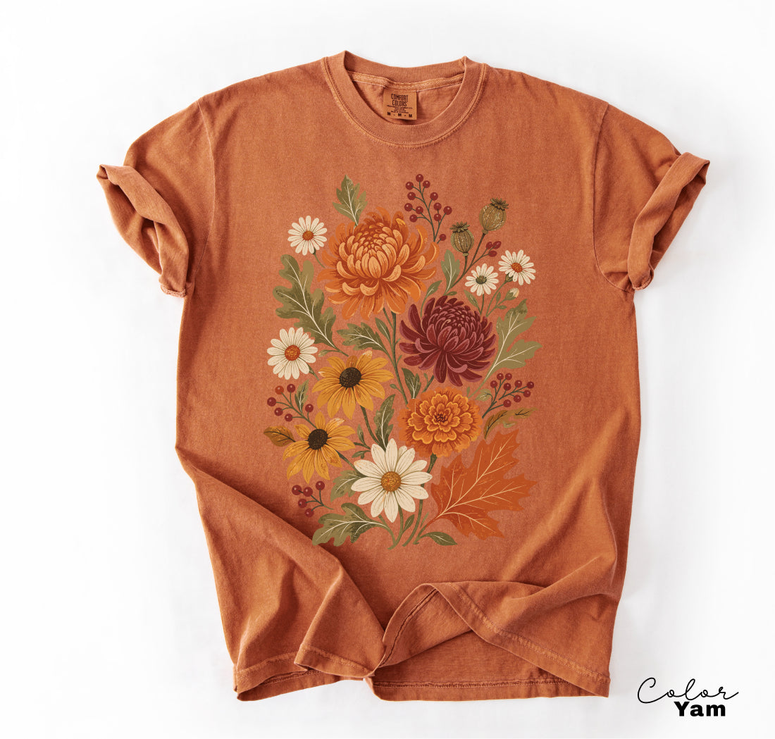 Fall Floral T-Shirt, Vintage Botanical Tee, Boho Fall Flowers