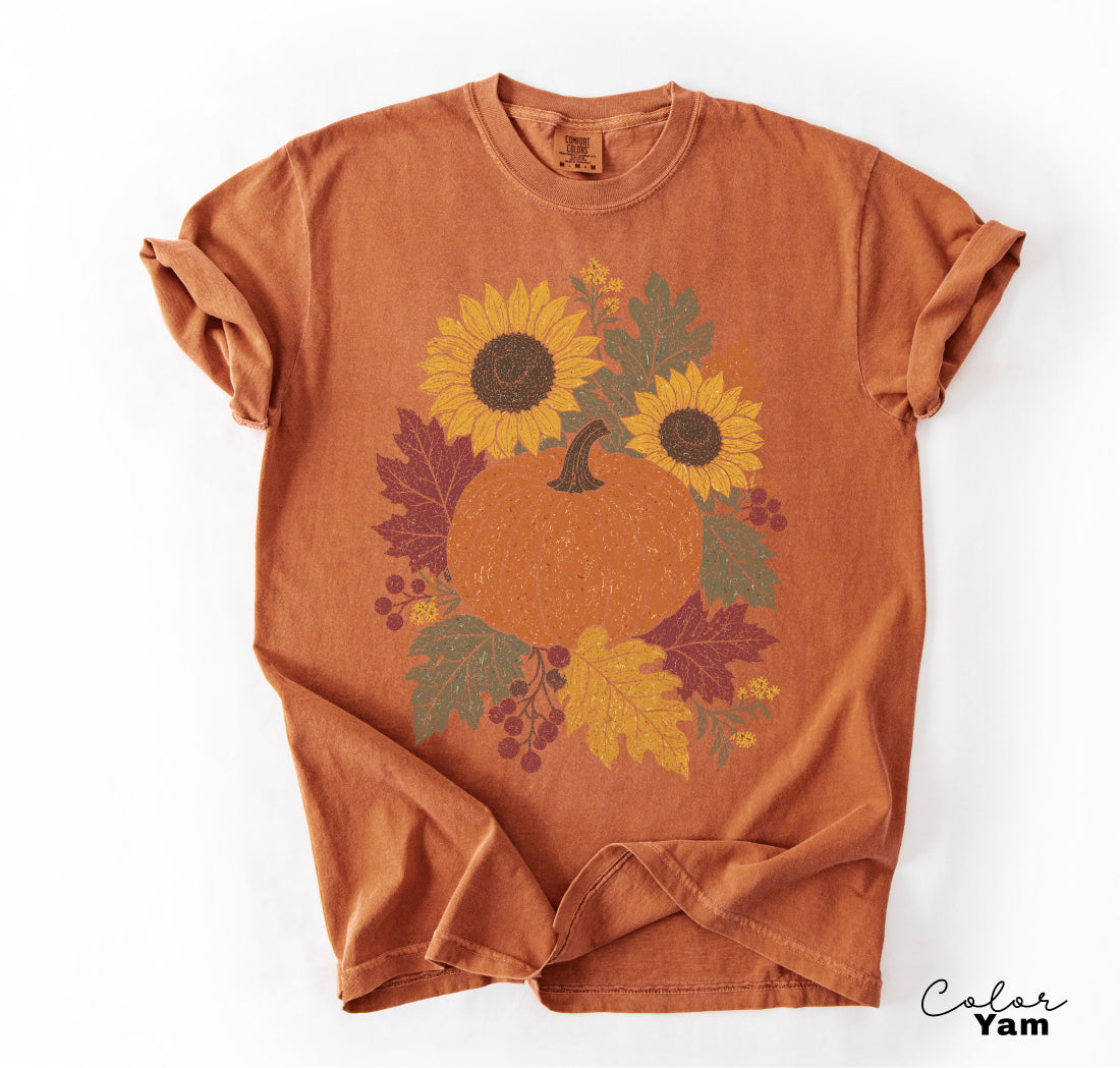 Fall Pumpkin Floral T-Shirt, Comfort Colors Tee, Botanical Autumn Shirt, Boho Cottagecore Tee