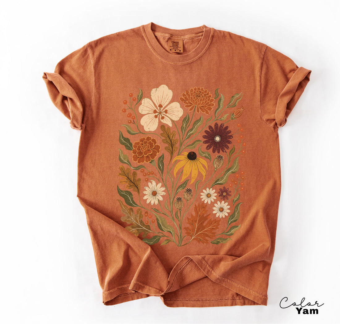 Fall Floral T-Shirt, Vintage Botanical Graphic Tee, Rustic Wildflower Shirt, Autumn Tee
