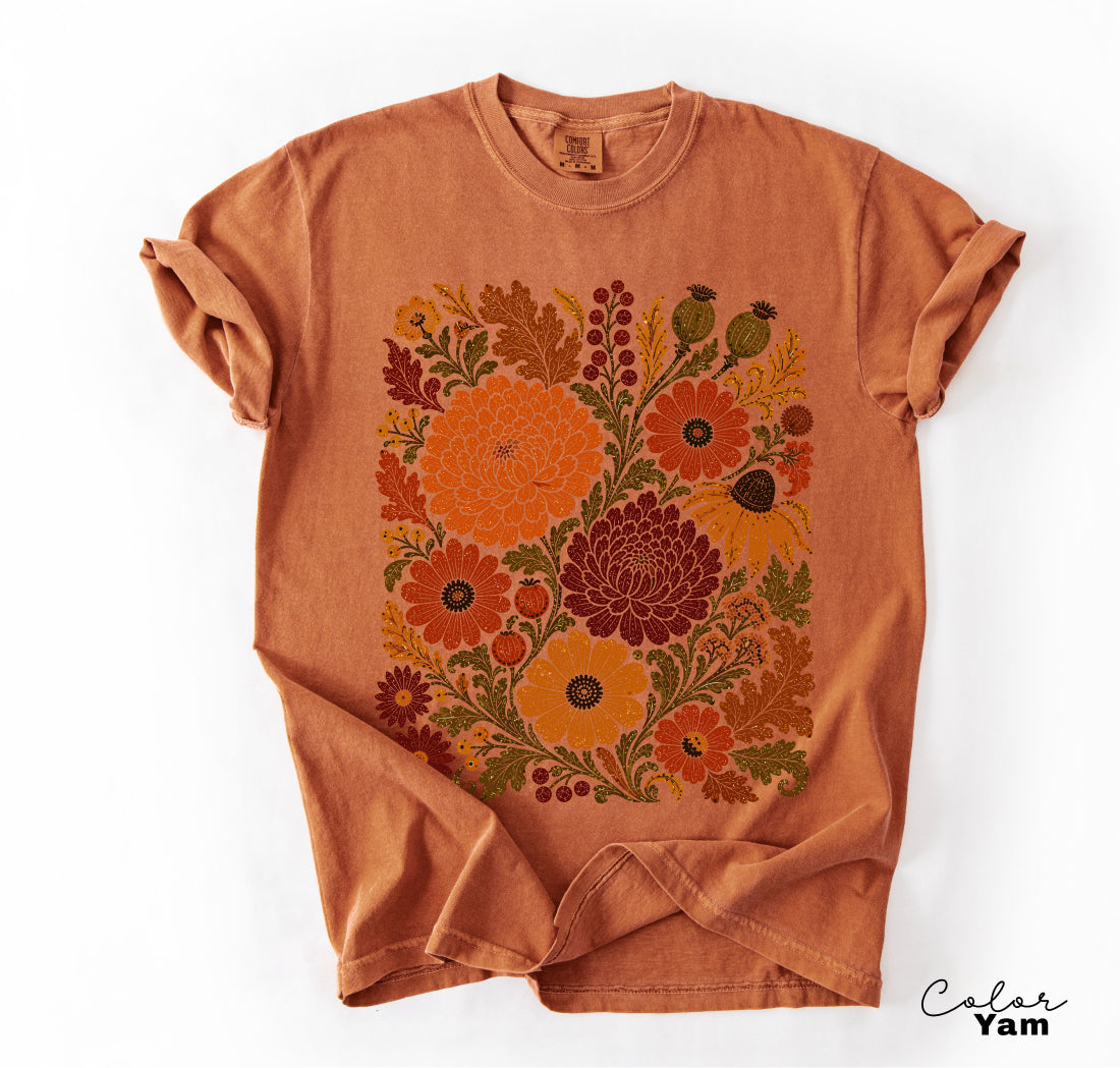 Fall Floral T-Shirt, Comfort Colors Tee, Botanical Art Shirt, Boho Cottagecore Shirt