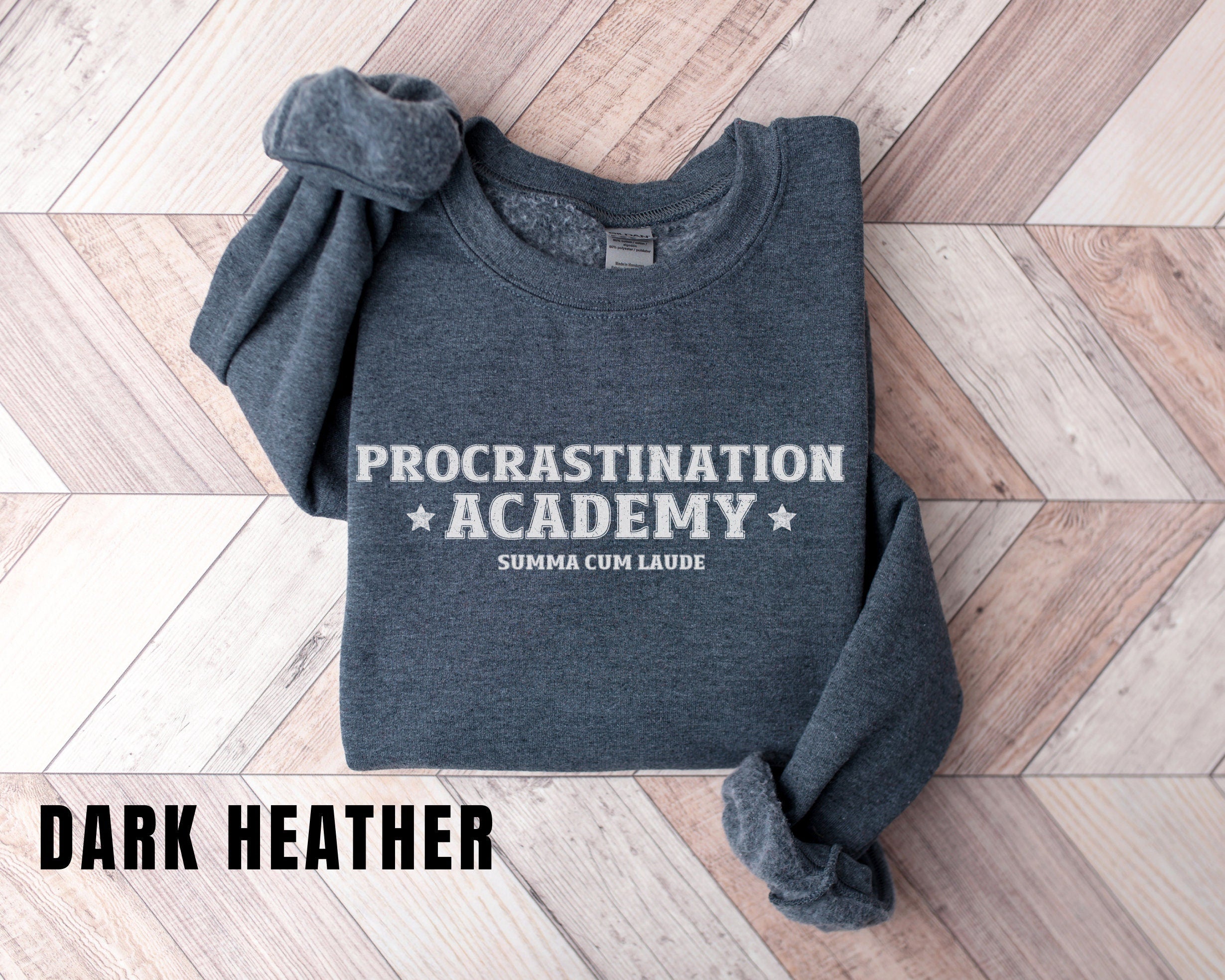 a sweatshirt with the words procrastination academy on it