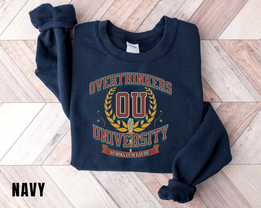 a blue sweatshirt with the words overthikers university on it
