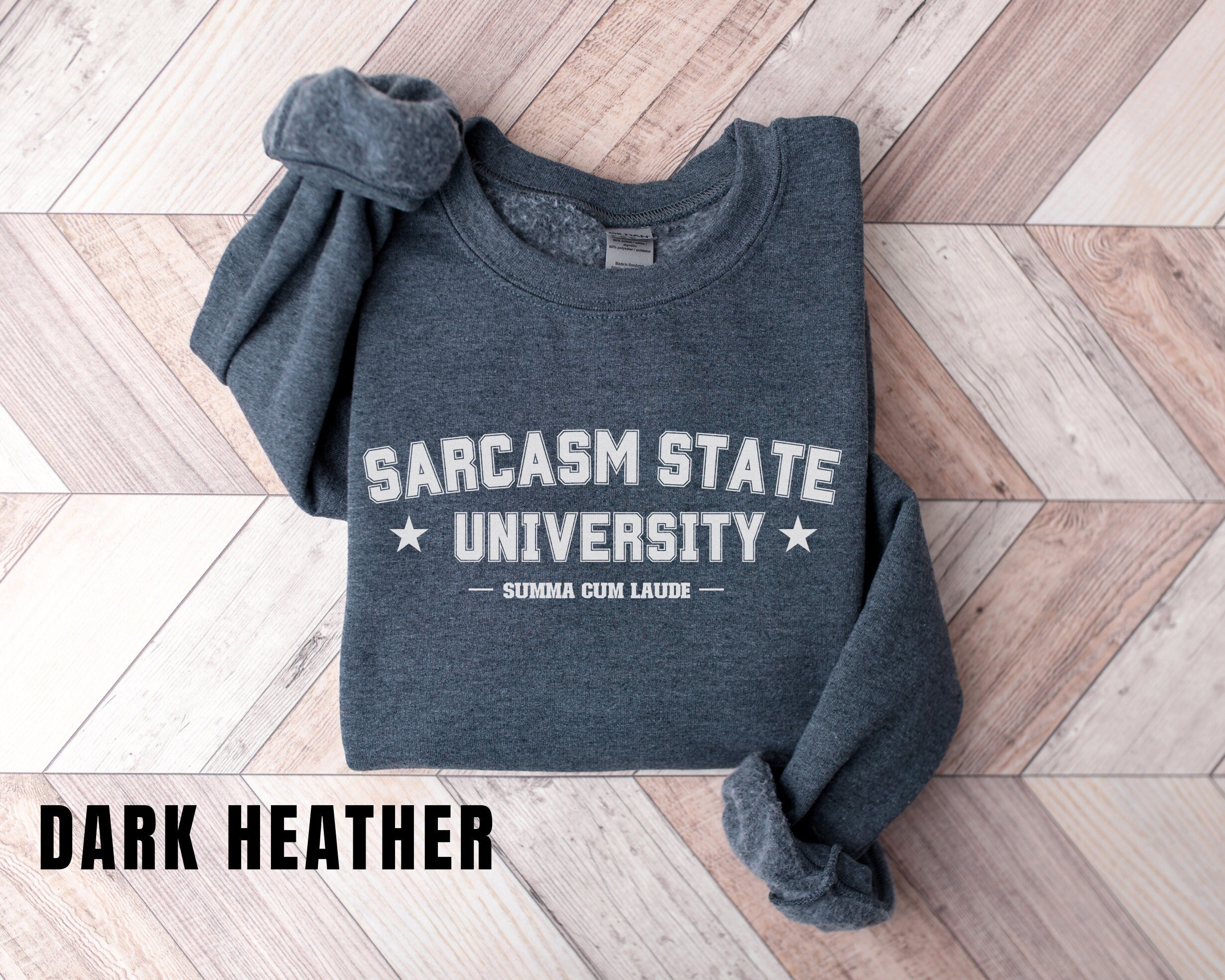 a dark sweatshirt with the words sarcasm state university on it