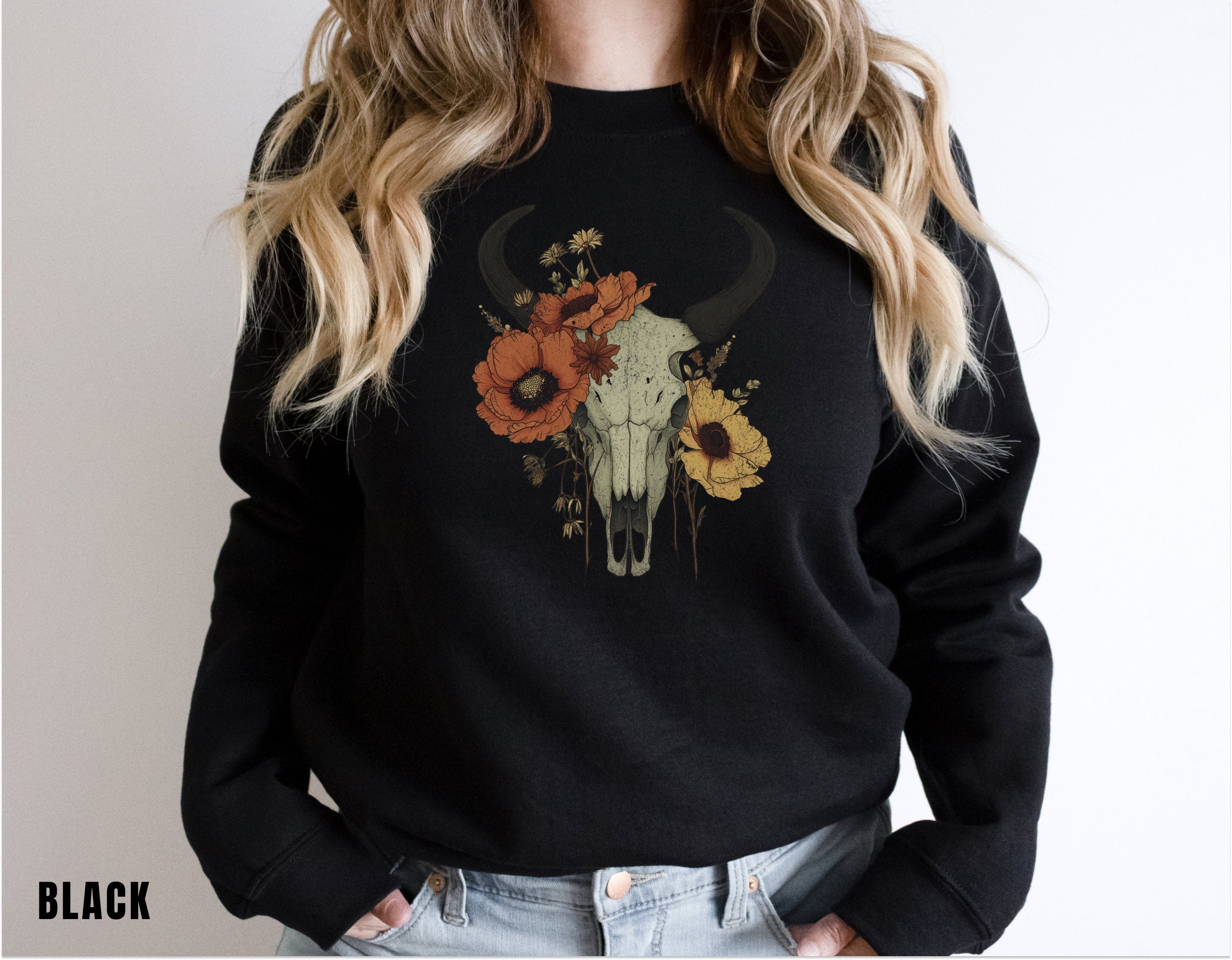 Boho Cow Skull Sweatshirt, Longhorn Shirt, Wild West Shirt, Outdoor Sweatshirt, Wild West Sweatshirt, Cowboy Shirt, Country Music Shirt,
