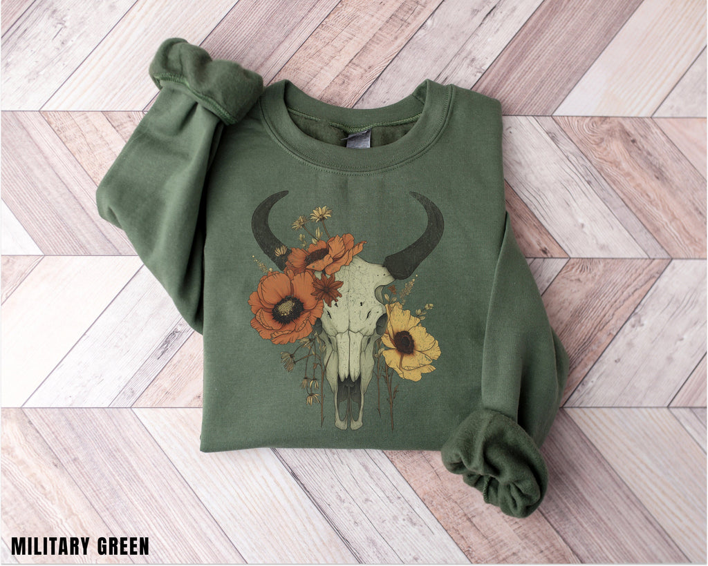 Boho Cow Skull Sweatshirt, Longhorn Shirt, Wild West Shirt, Outdoor Sweatshirt, Wild West Sweatshirt, Cowboy Shirt, Country Music Shirt,