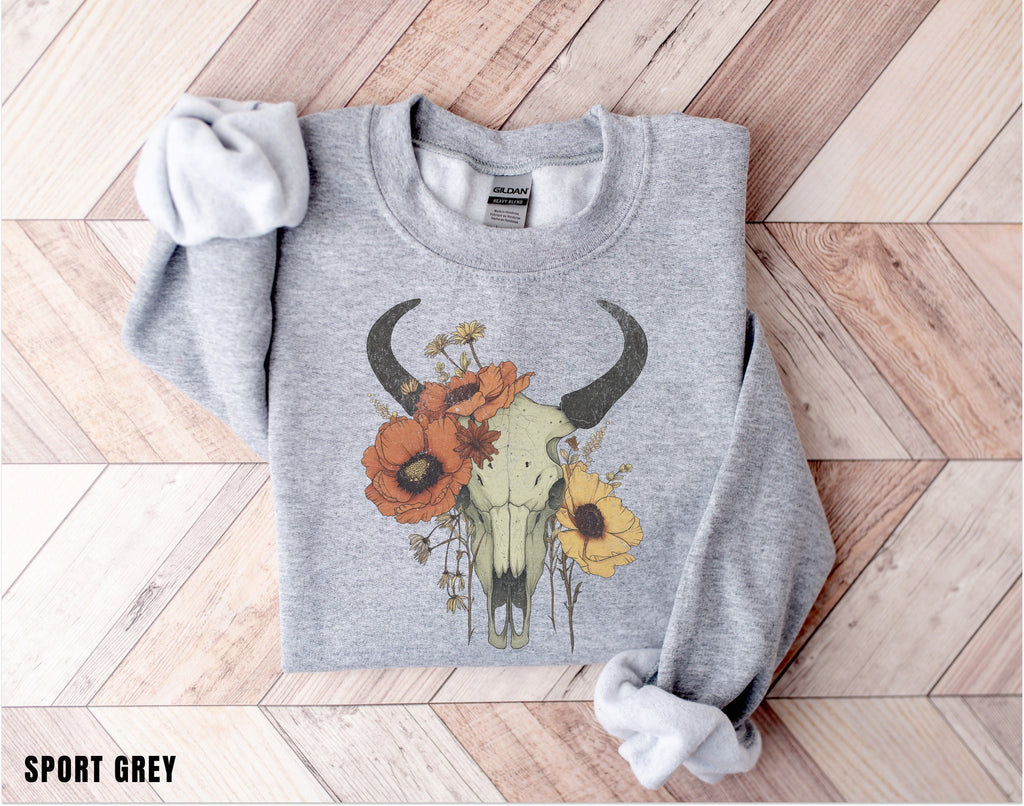 Boho Cow Skull Sweatshirt, Longhorn Shirt, Wild West Shirt, Outdoor Sweatshirt, Wild West Sweatshirt, Cowboy Shirt, Country Music Shirt,