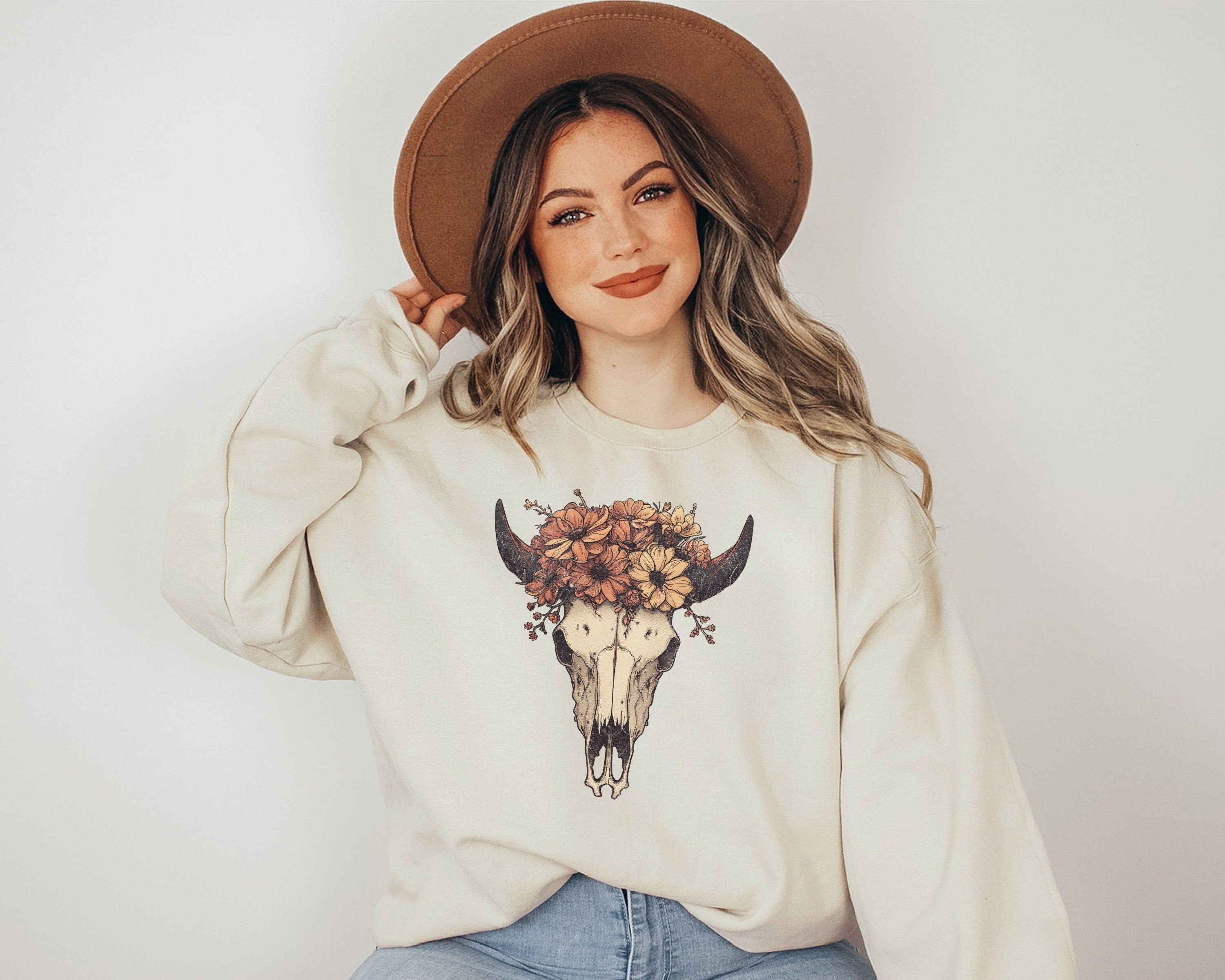 Boho Cow Skull Sweatshirt, Longhorn Shirt, Wild West Shirt, Outdoor Sweatshirt, Wild West Sweatshirt, Cowboy Shirt, Country Music Shirt,